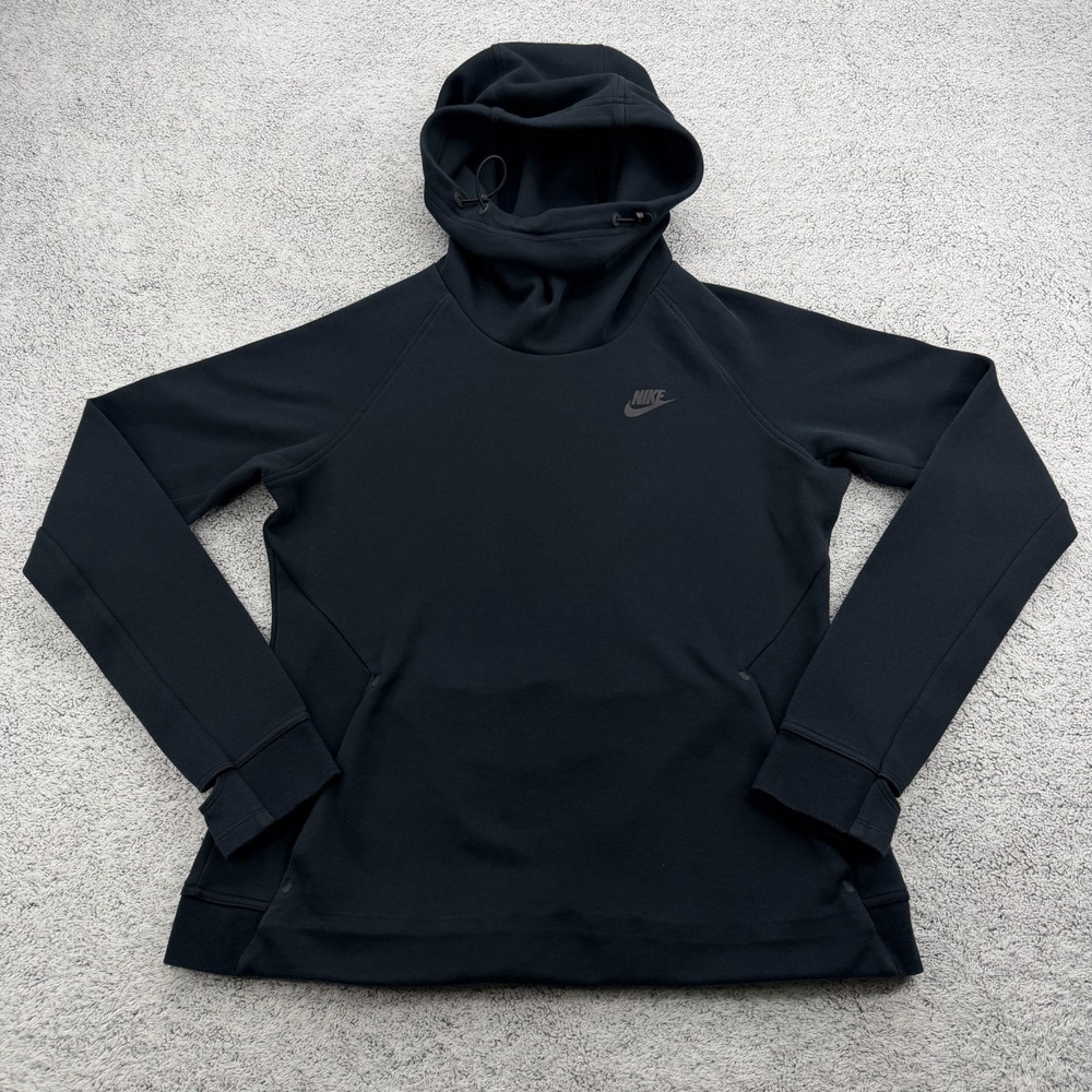 Nike Tech Fleece Hoodie Women Large Black High Neck Thumbholes Swoosh Sweatshirt